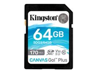 Kingston Canvas Go! Plus - Tarjeta de memoria flash - 64 GB - Video Class V30 / UHS-I U3 / Class10 - SDXC UHS-I SDG3/64GB